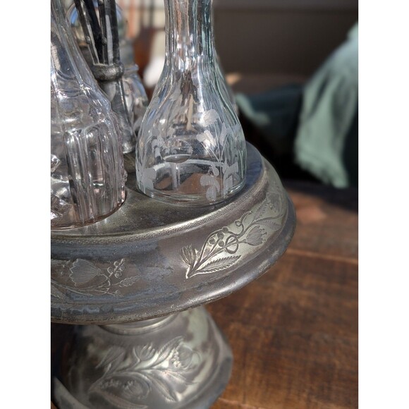 Antique Victorian Silverplate 7-piece Rotating Condiments Cruet Set w/Stoppers - Picture 3 of 16